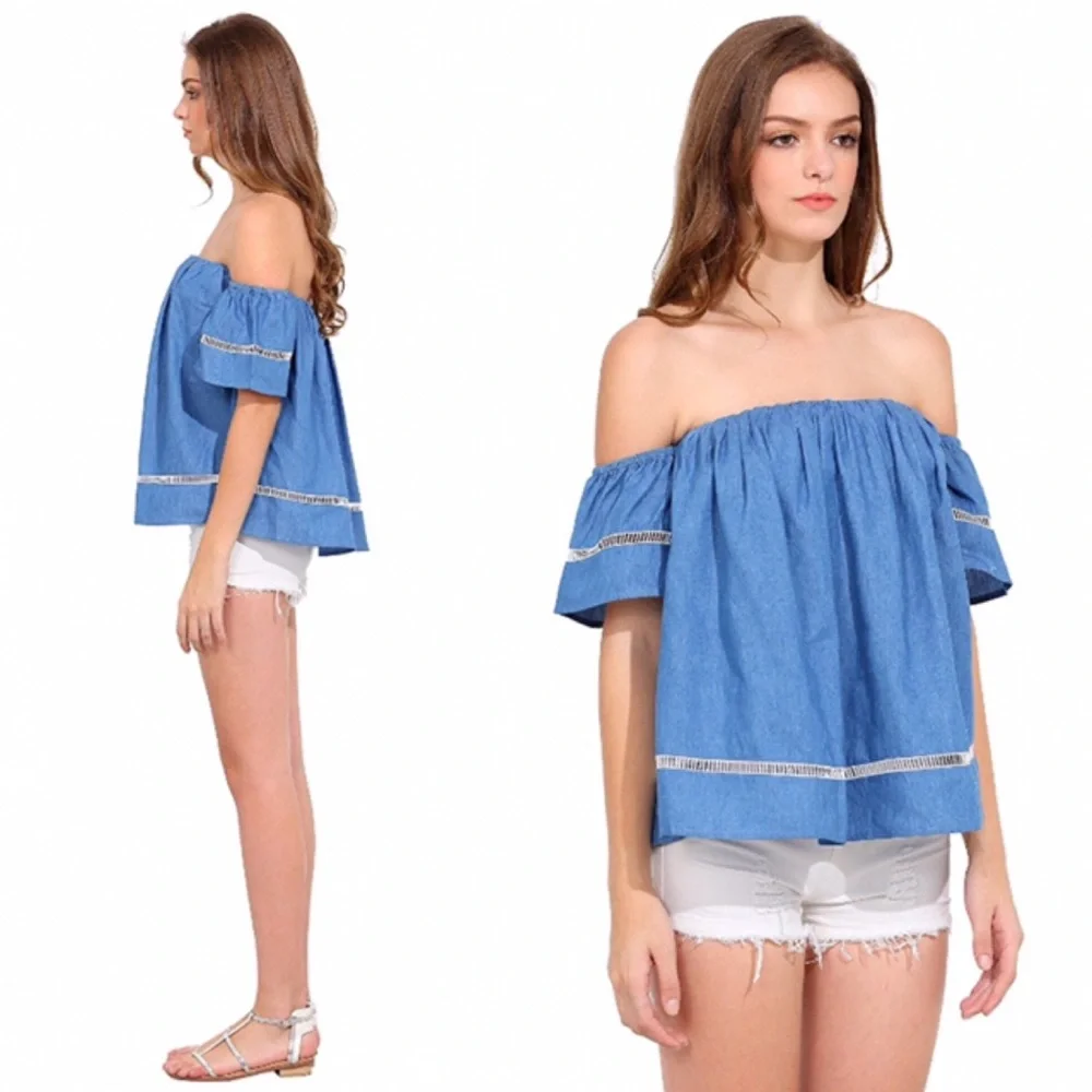 Off Shoulder Crochet Lace Trim Short Sleeve Chambray Blouse - Picture 2 of 3